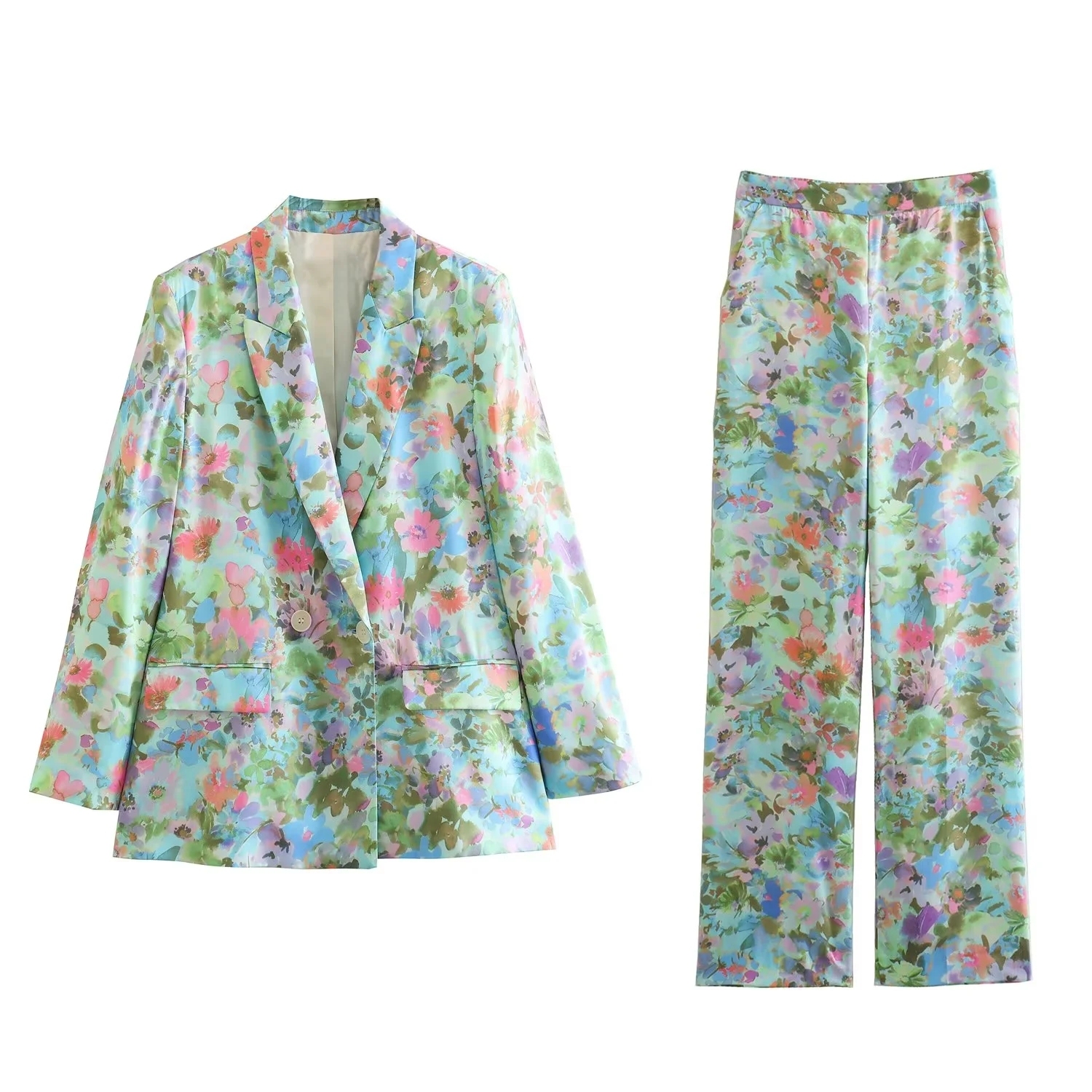 Double breasted long sleeve floral print multi color notched collar casual blazer for women