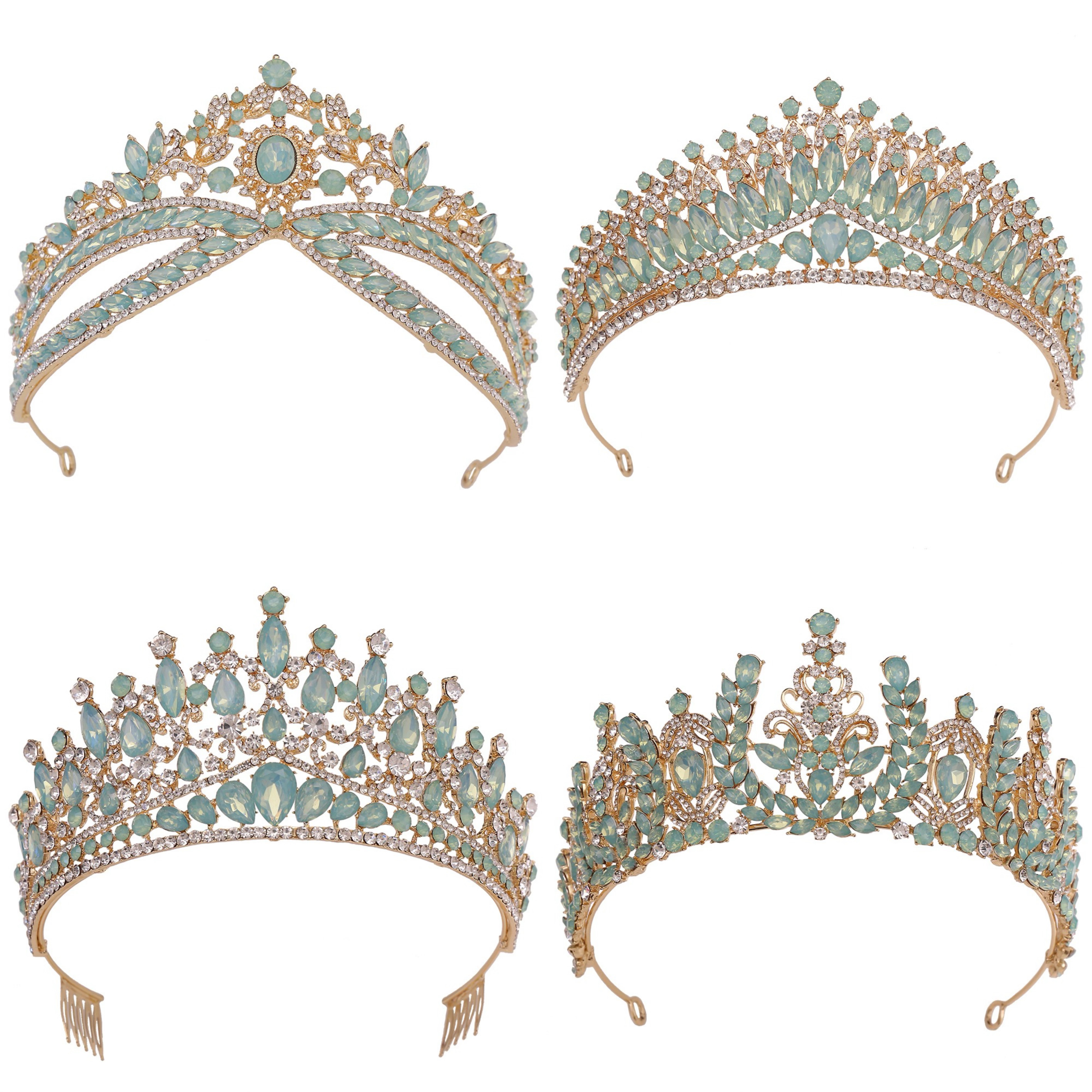 Wholesale Luxury Women's Green Opal Tiara with Crystal Wedding Crowns Bridal Sage Rhinestone for Hair for Anniversaries
