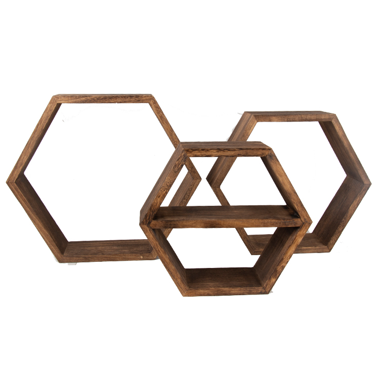 New product rustic style 3-piece hexagon shape frame wooden wall shelf for sale