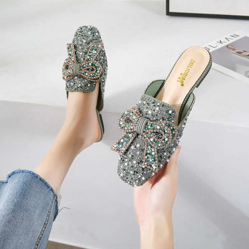 BUSY GIRL OMN2525 Shallow muzzle square head glitter sexy slim metal diamond nightclub wedding pumps flats woman sandals mules