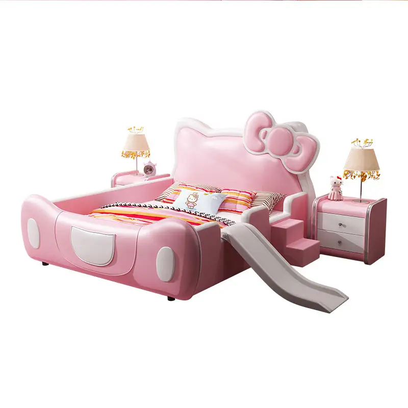 Детская розовая кровать принцессы Hello Kitty для девочек, высокий ящик, кровать из массива дерева с поручнем