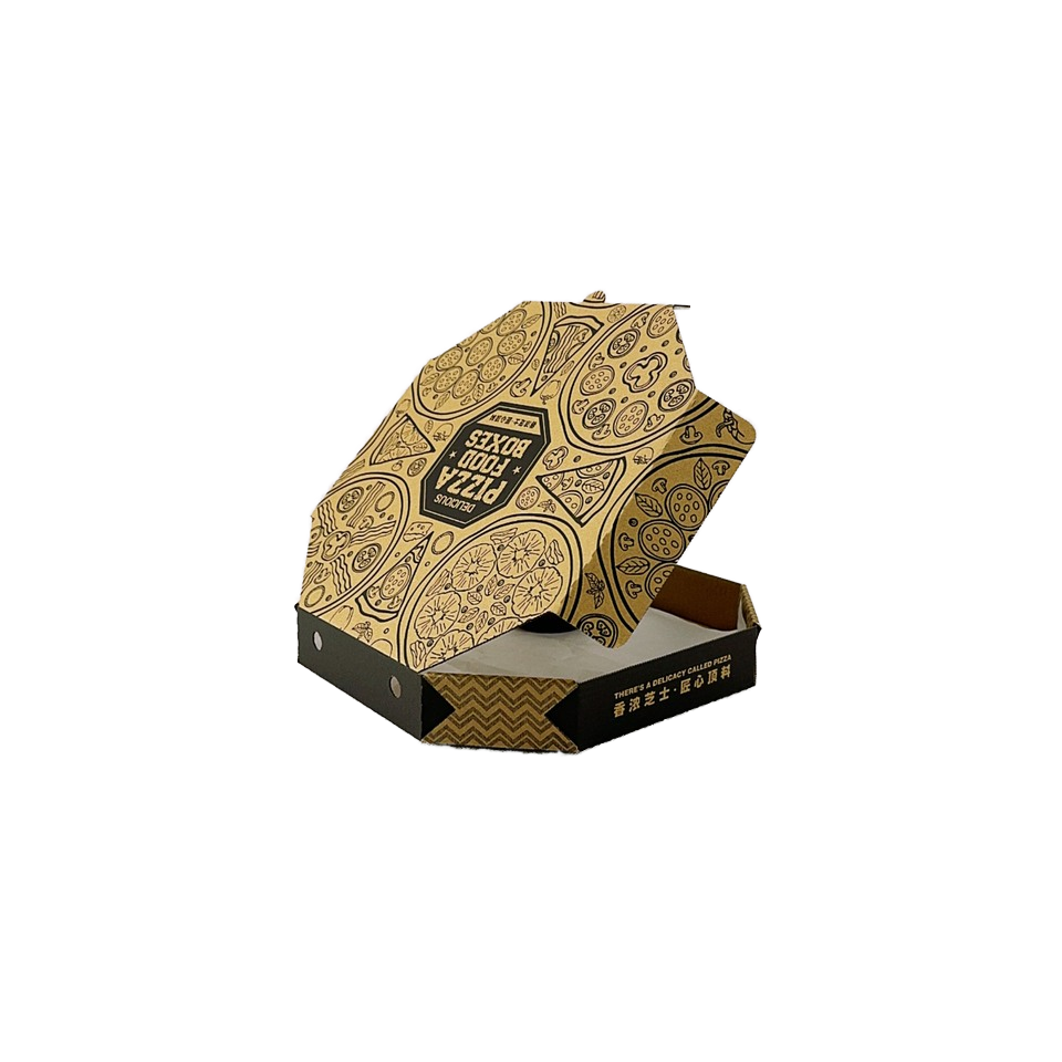 Chinese Factory Manufactured Cheap Corrugated Pizza Packaging Box Gold Foil Printed Logo Sponge Liner Pizzeria Paper Material