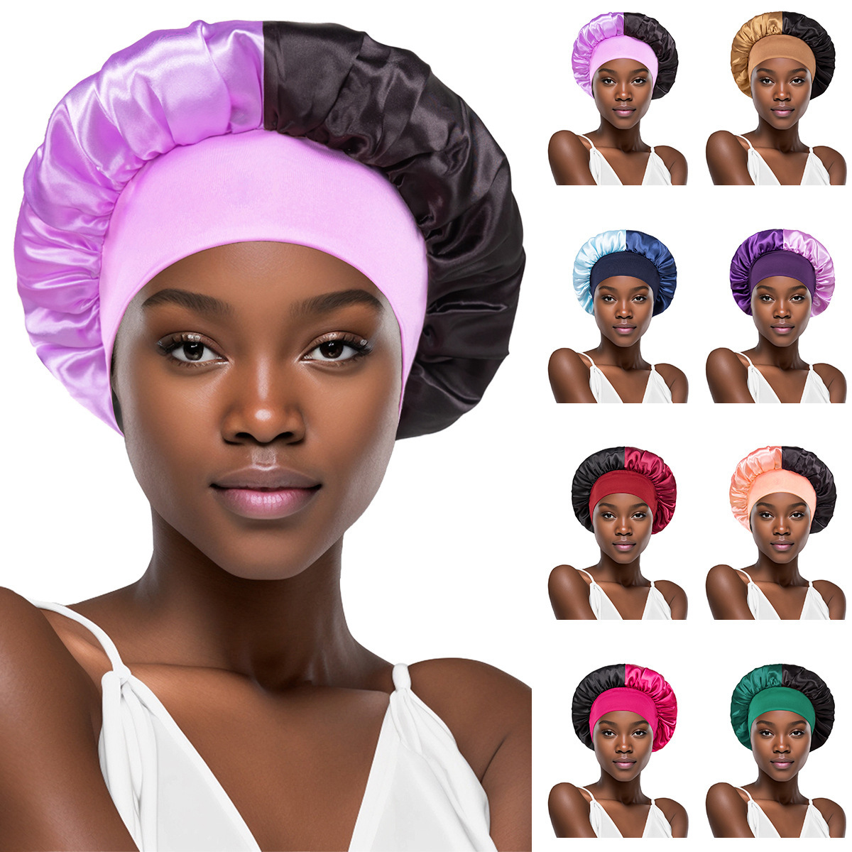 Hot Selling Women Satin Night Sleep Hats Single Layer Head Cover Custom Logo Shower Cap Sleeping Cap Elastic Band Satin Bonnet