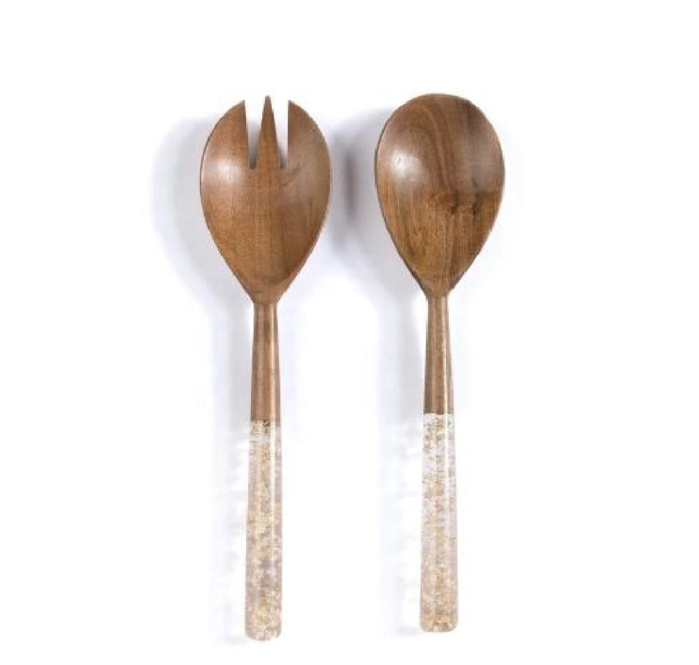 Gold Foil Clear Resin Handle Wooden Salad Server