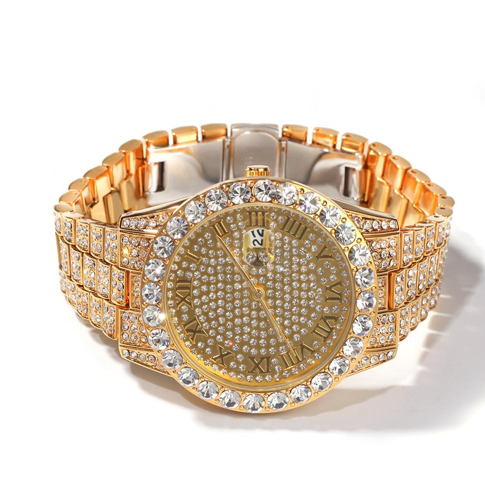 Хип-хоп Модные мужские золотые часы фирменный дизайн Iced Out Bling Diamond водонепроницаемые кварцевые часы панк наручные часы