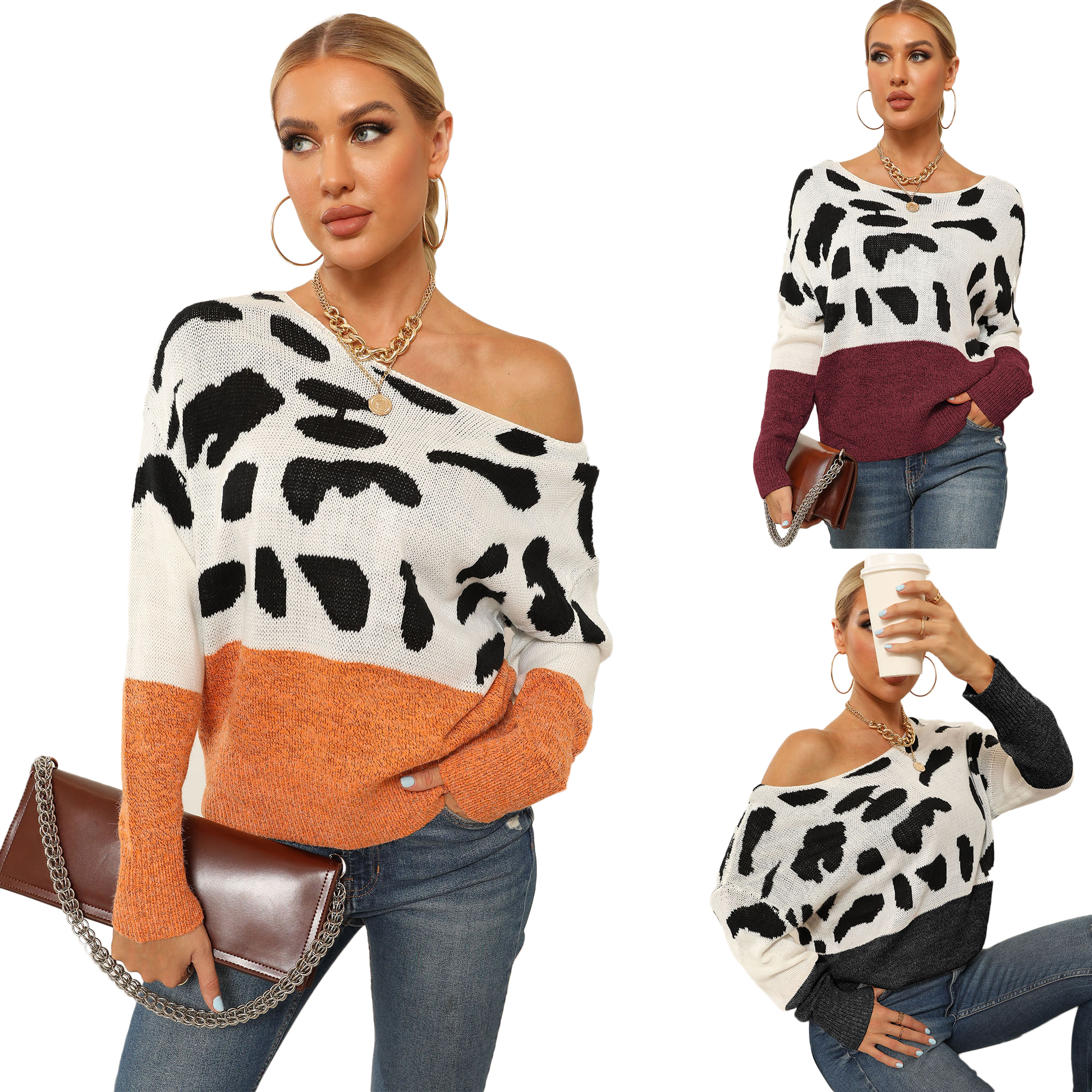 Women's Casual Long Sleeve Off Shoulder Knitted Sweater Leopard Print Color Block Loose Pullover Tops