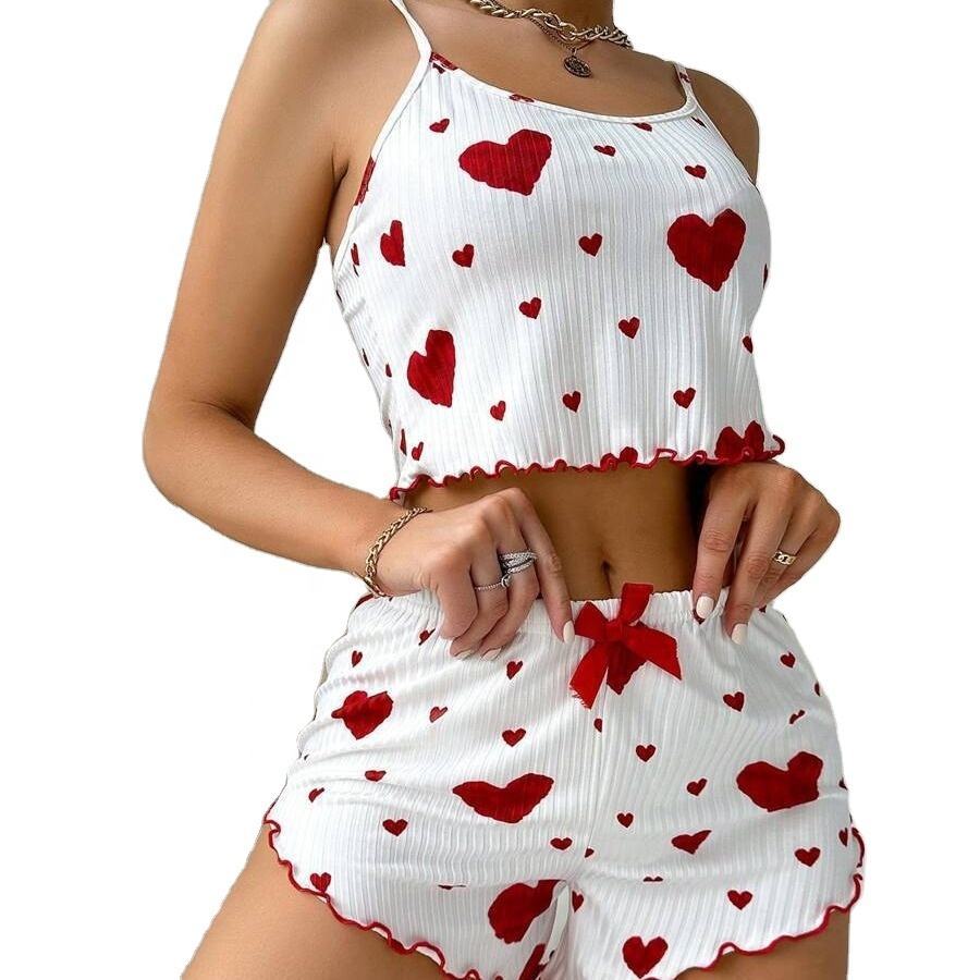 Custom Logo Women Loungewear Love Heart Print Halter Shorts Pajama Set Casual Cool Ice Silk American Sleepwear ODM Manufacturers