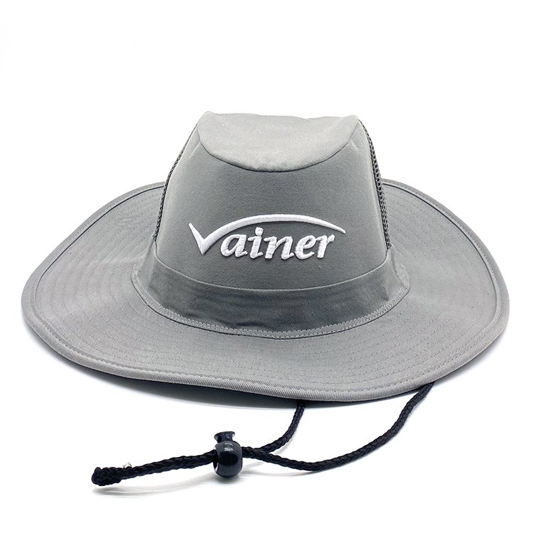 Polyester 3d embroidery logo translucent body mesh wide brim plain grey outdoor hunting safari straw hat