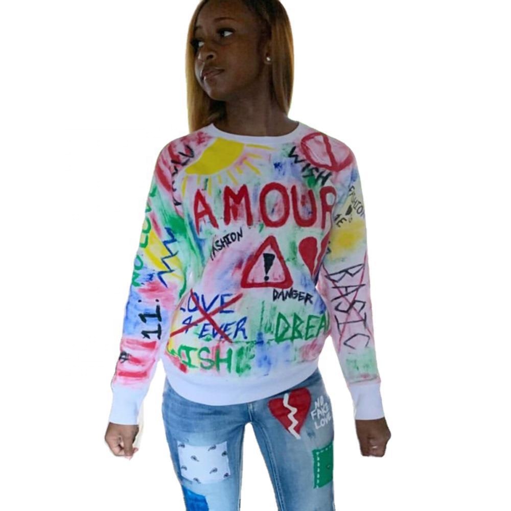 fall 2021 new arrivals autumn graffiti-lettered printed round collar with long sleeves T-shirt women clothes outfits clothing