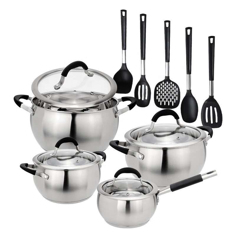 13pics wholesale factory cooking pots and pans stainless steel cookware set with kitchen utensils