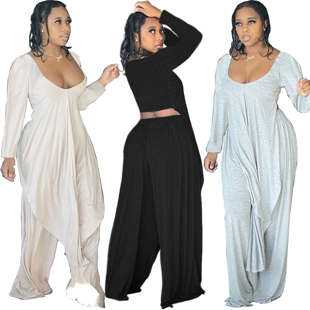 2022 new design 2 piece casual matching pants set low cut irregular loose long sleeve wide leg pant set