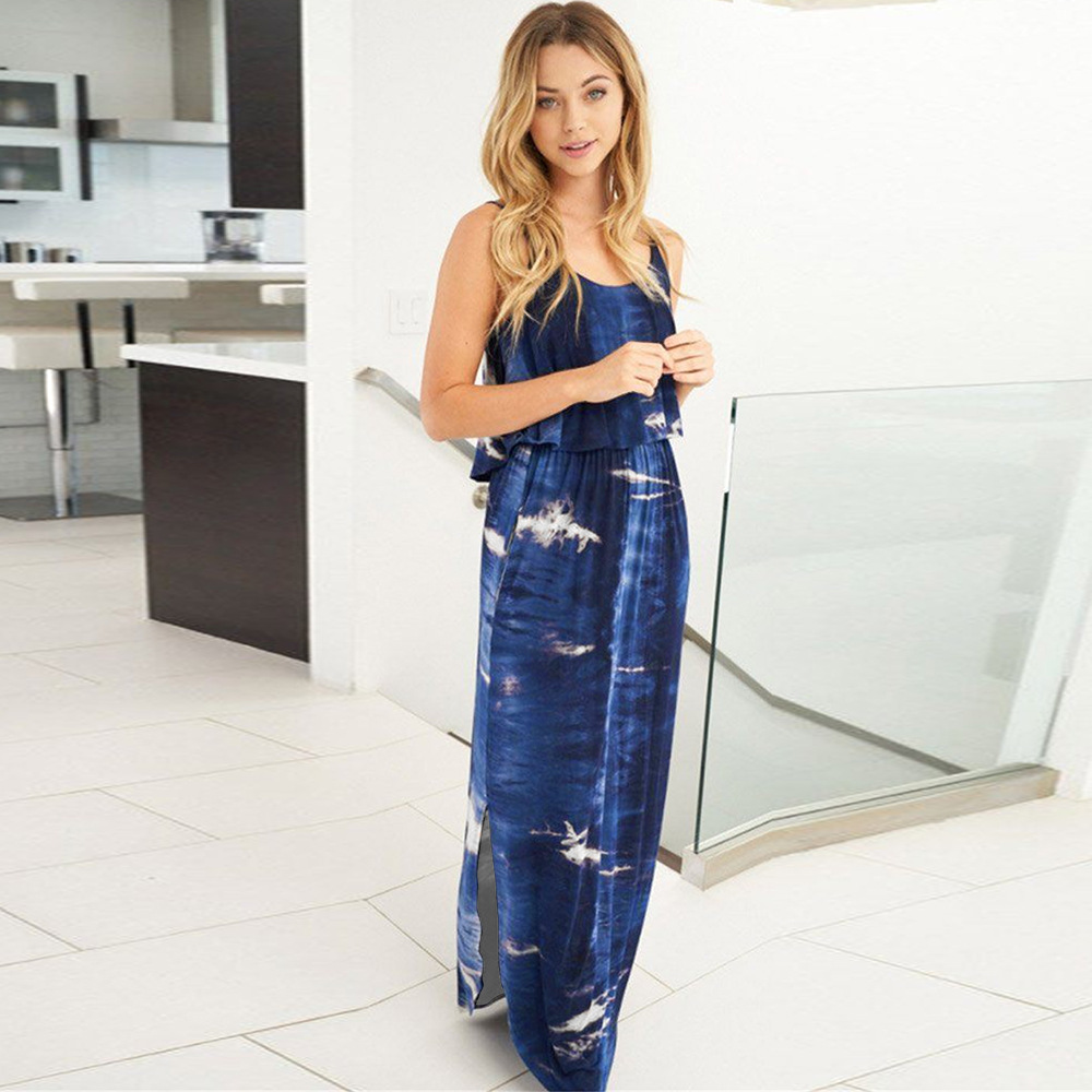 Summer sexy ladies loose round neck long printed split tie dye maxi dress