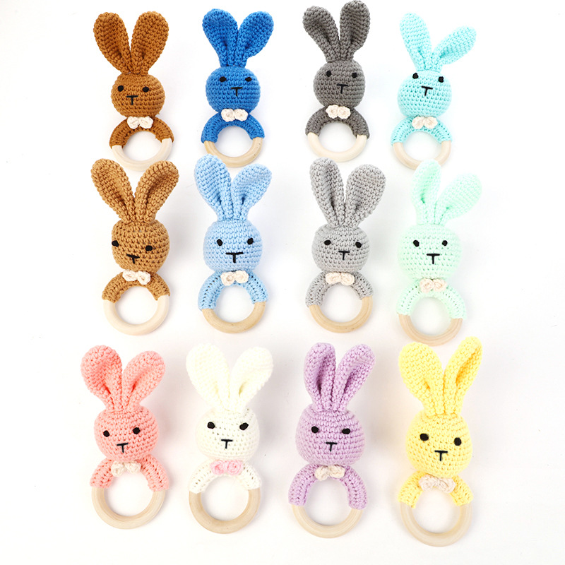 New Cotton Thread Wooden Animal Rabbit Doll Baby Silicone Ring Pacifier Natural Wood Infant Silicone Teething Teether Rattle Toy