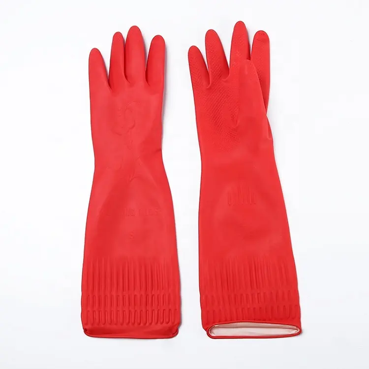 Creative Home Rubber Washing Cleaning Gloves Kitchen Dish Food Grade Household Cleaning Dishwashing Long Gloves Latex Red Thin