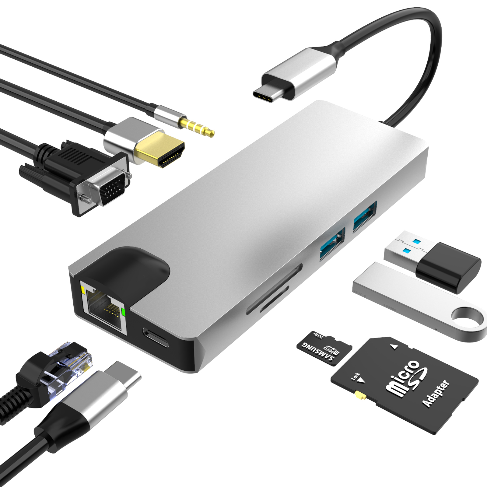 Док-станция BASIX 9 в 1 usb c для ноутбука USB 3,0 VGA Pd конвертер type c хаб ethernet