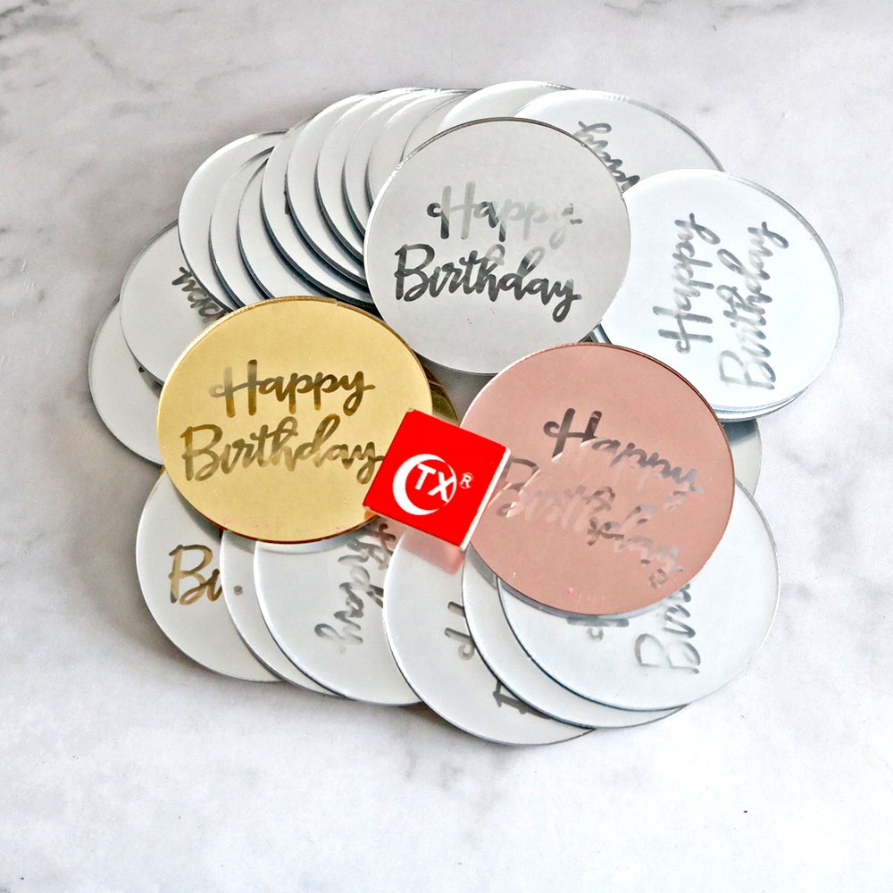 Лазерная Марка TX Happy Birtrhday, блестящий золотой зеркальный диск, подвеска для торта, кекс, капкейк, поп-диск, Топпер для десерта, Подарочная коробка, Декор