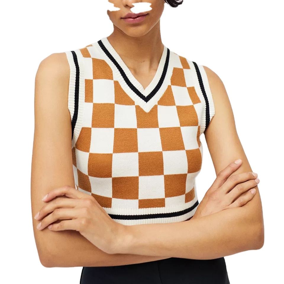 OEM Service latest design Plus Size Casual tank top Classic chessboard cropped length v-neck sweater vest women