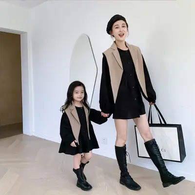 Fashionable style 2pcs shirt dress mom and daughter set girls mommy and me outfits