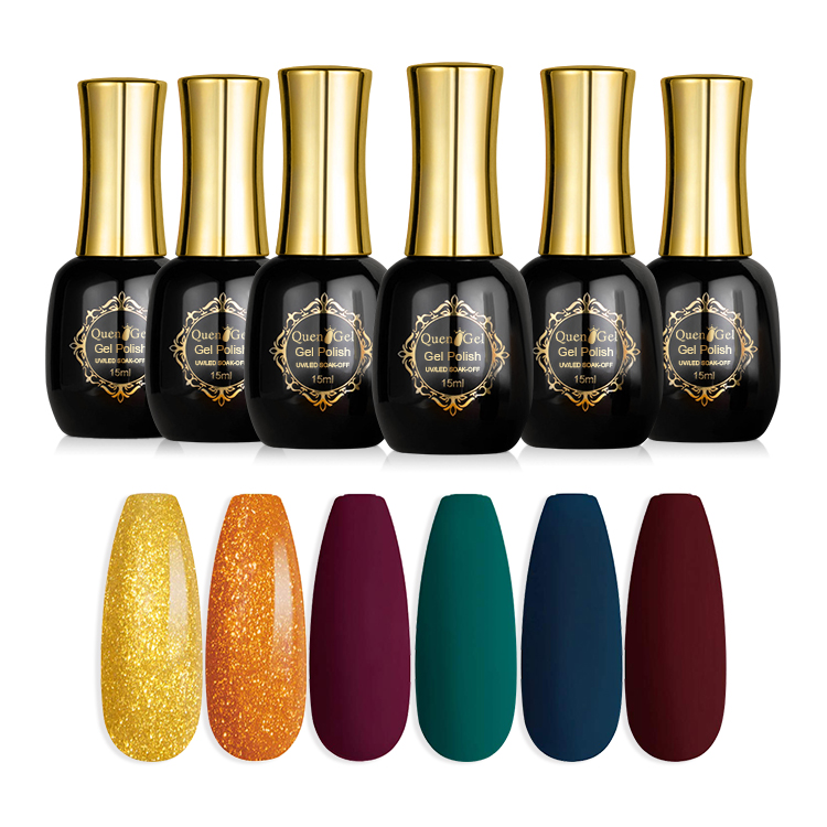 Hot Sales Orange Gold Glitter Gel Nail Polish Set 6 Colors Burgundy Red Full Maroon Green UV LED Nail Polish Kit