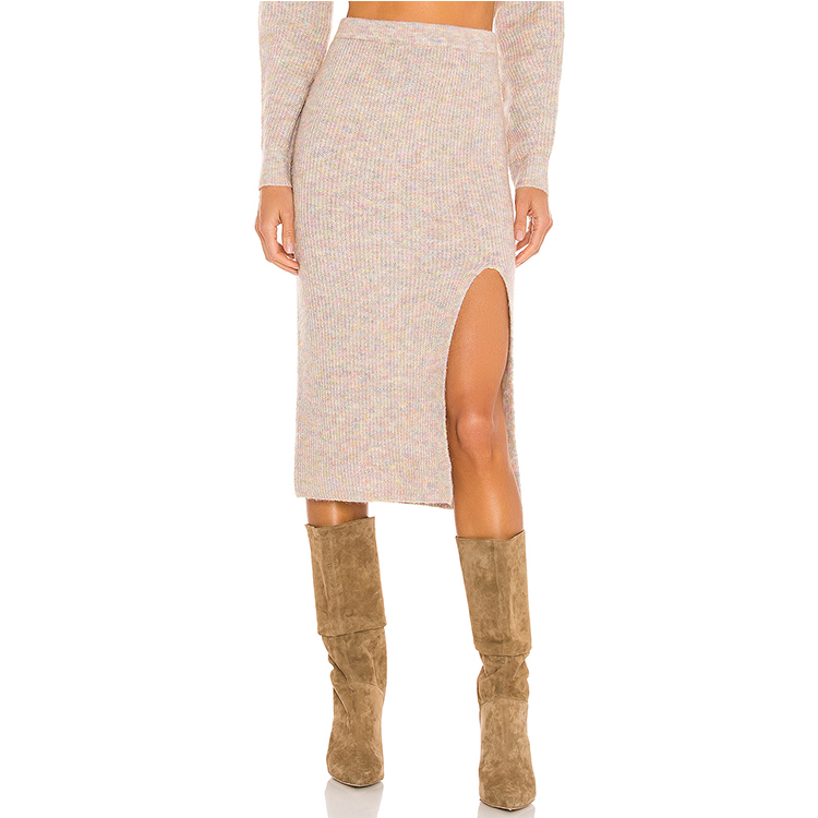 Wholesale Custom 2021 Autumn Winter Knit Solid Color High Waist Side Slit Midi Skirt For Women
