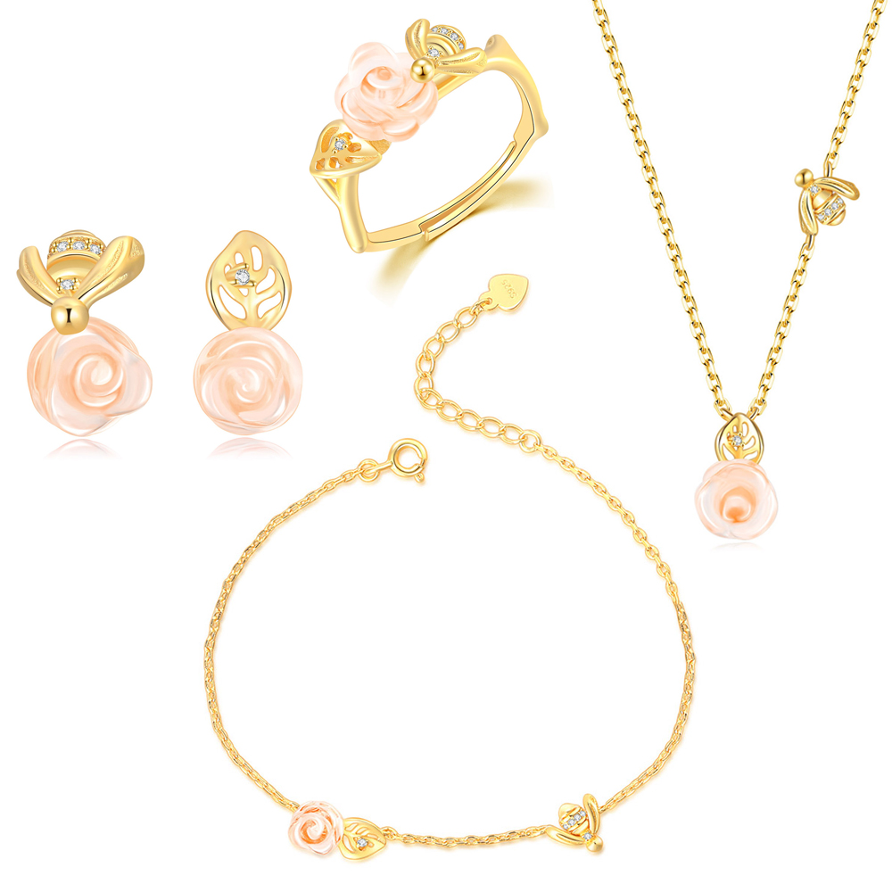2021 Women Conjuntos de Joyas 14K Gold Plated 925 Sterling Silver Flower Rose Quartz Jewelry Set V069