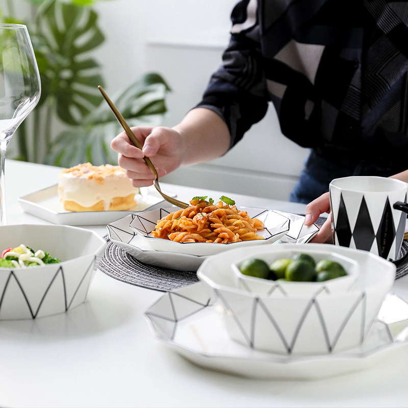 Cutlery bowl gold plate black angular ceramic cup dinner plate home Japanese style
