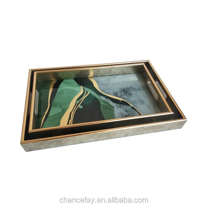 New style marble design glass tray gold color serving tray with handles luxury look MDF hotel serving tray accept OEM