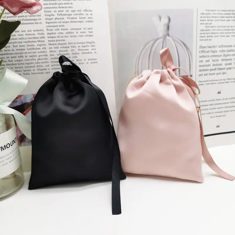 Custom logo luxury satin silk jewelry gift wig eyelash storage package pouch drawstring bag