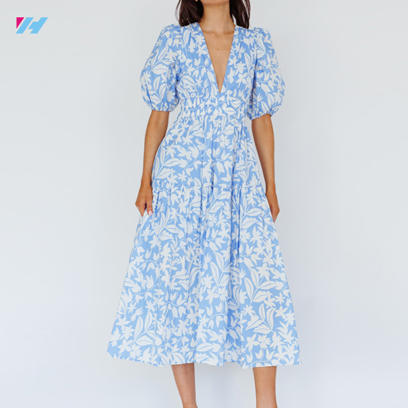 Custom High Quality Lady Puff Sleeve A Line Deep V Neck Midi Floral Print Dress For Women