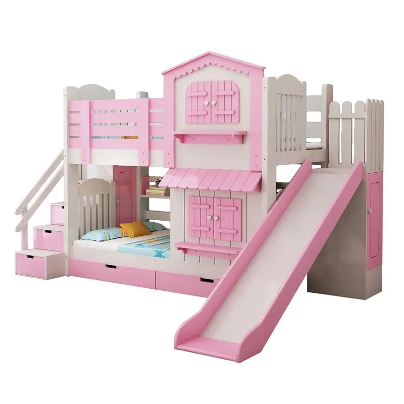 Детская кровать высокий и низкий кровать принцессы со скользящей двойной цельный деревянный Многофункциональный замок лестница шкаф кровать