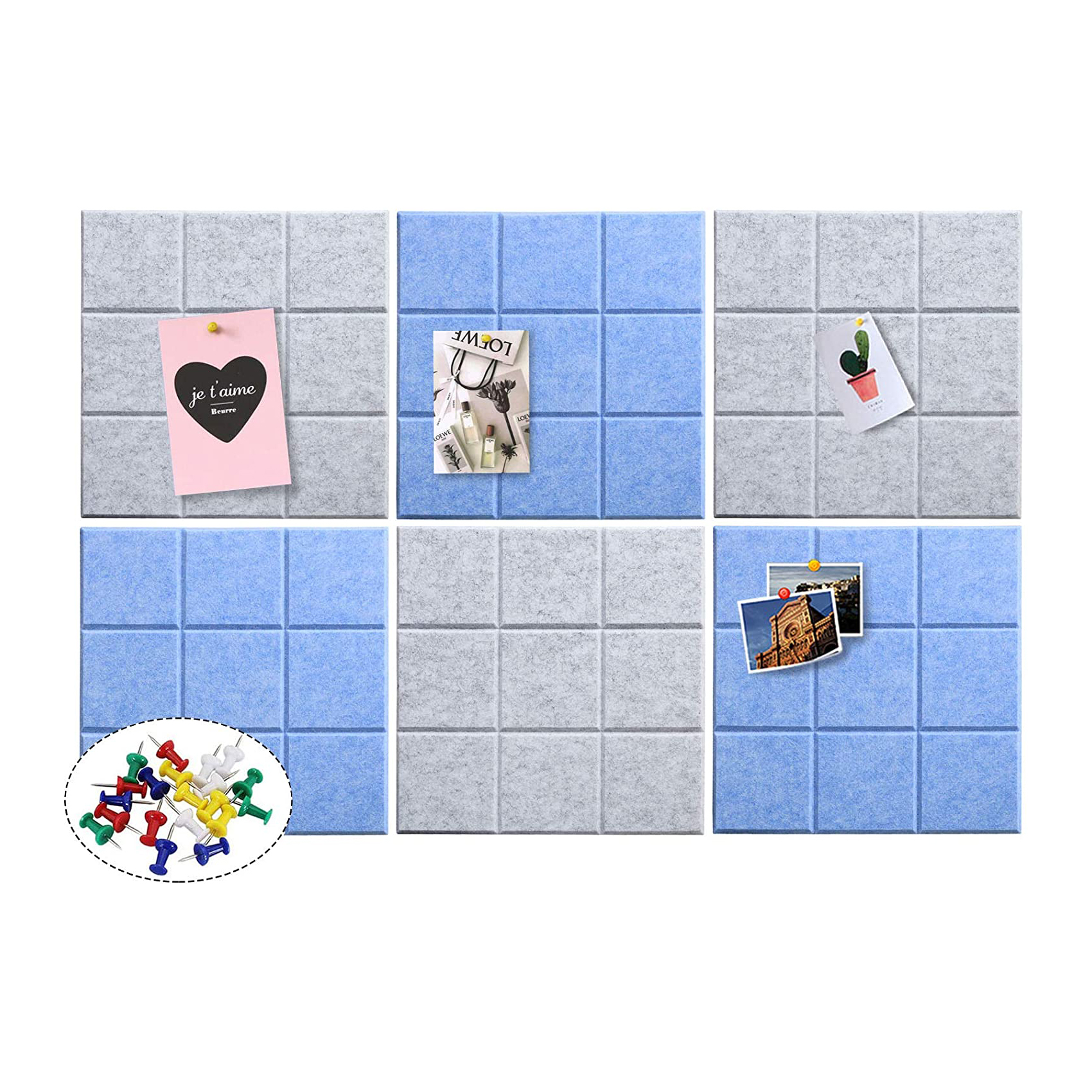6 Packs Large Felt Bulletin Pin Board Tiles Felt Push Square Board for Wall Photos Memo Notice Board for Office Home