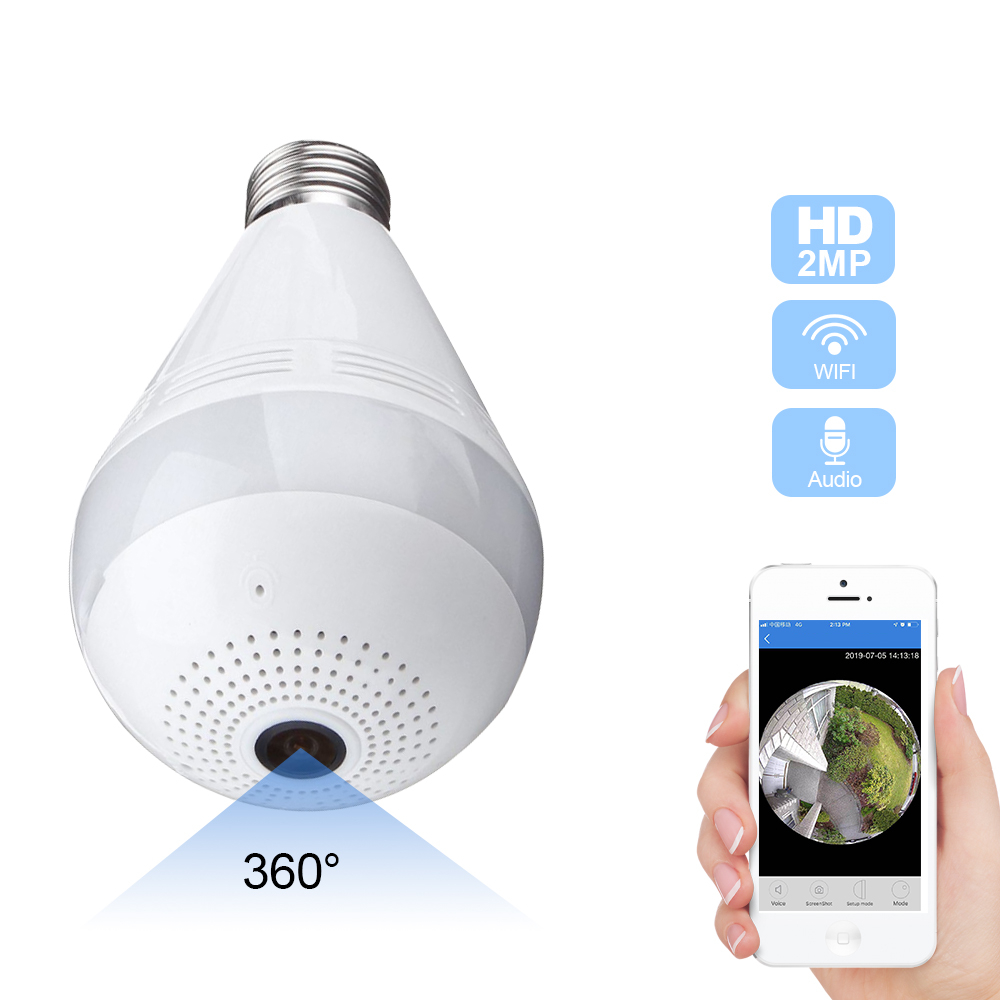 Hot Sale 360 Degree VR Panoramic 1080p 2mp WIFI Hidden Ip Bulb Camera Night Version with Two-way Voice Light Bulb Spy Camera