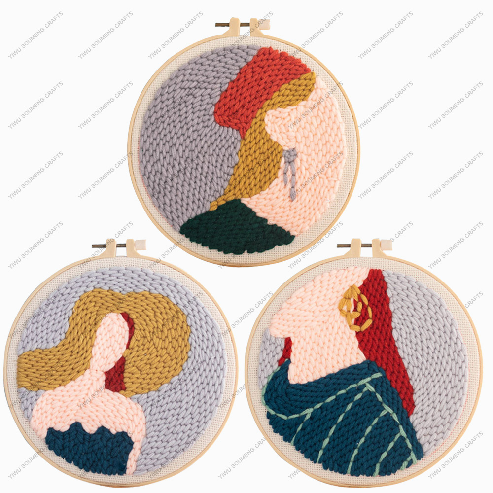 Portrait Girls Poke Embroidery Handmade DIY Cross Stitch Poke Embroidery Hoop Punch Needle Embroidery Kit For Beginners