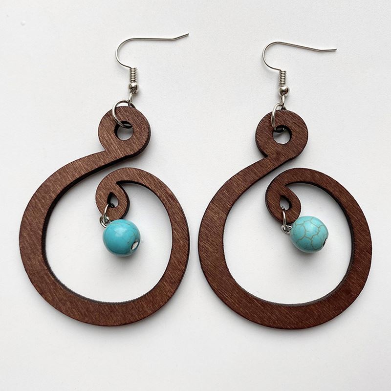 Bohemian Turquoise Wooden Hoop Earrings Jewelry Brief Style Vintage Statement Geometry Symbol Long Ethnic Style