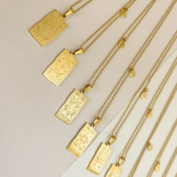 Zodiac Tarot Card Pendant Necklace Square Zodiac Sign Necklace Astrology Mystical Gold Chain Jewelry Birthday Gift Horoscope