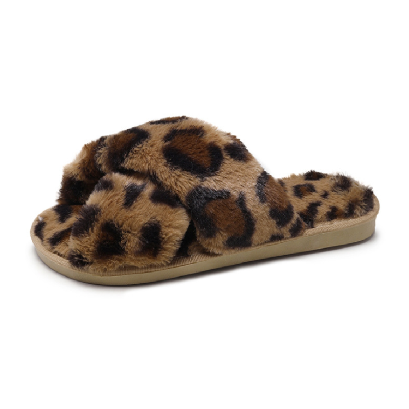 Women's Comfy Fluffy Leopard Crisscross Peep Toe Slippers Sandals Flip Flops Shoes Anti-Slip Slippers Shoes DOM112-20088