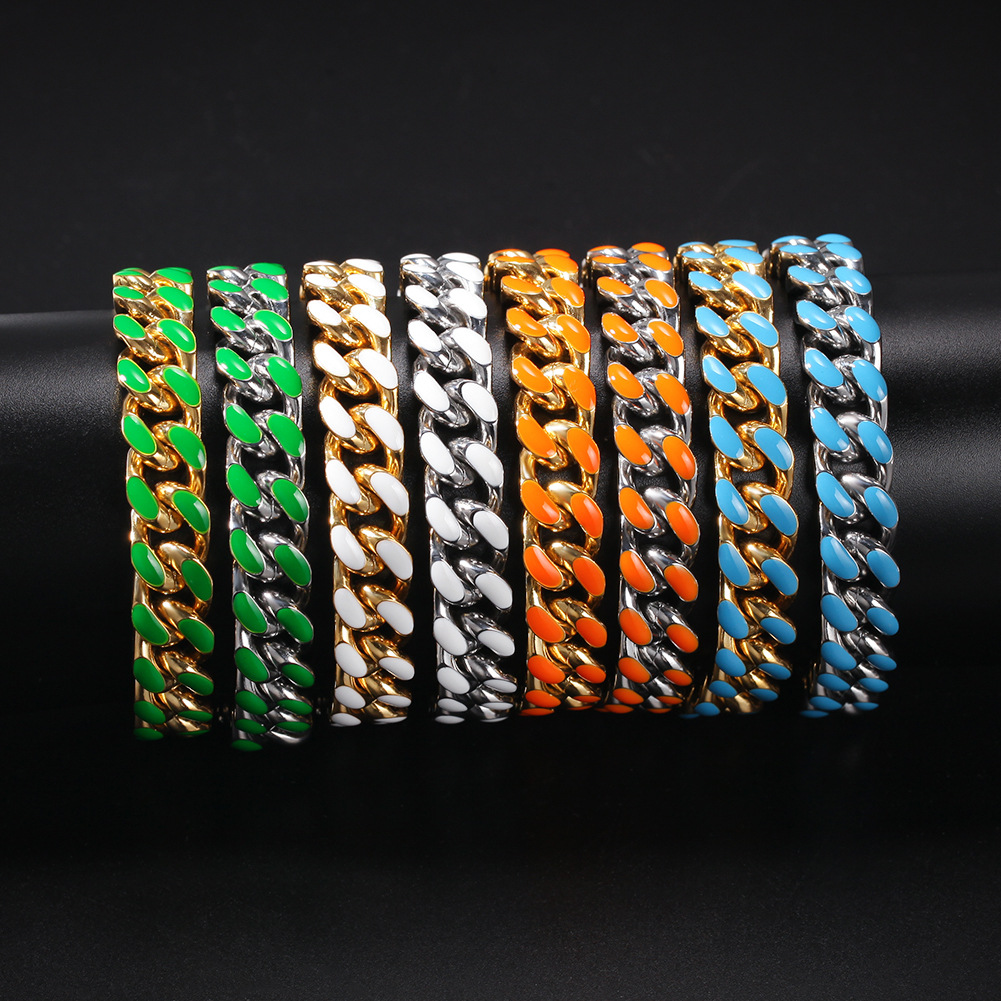 8 Colors Stainless Steel 12mm Rainbow Enamel Heavy Miami Cuban Chain Bracelet for men hip hop jewelry