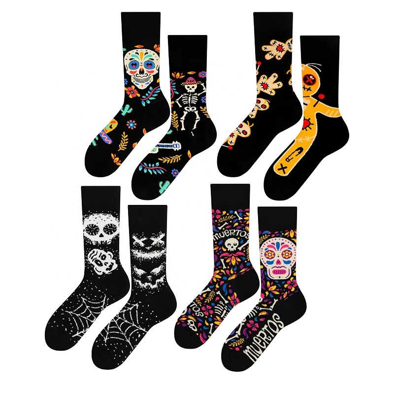 Wholesale Horror Novelty Skull Graphic AB Socks Men Unisex Day of the Dead Funny Cotton Mismatched Socks