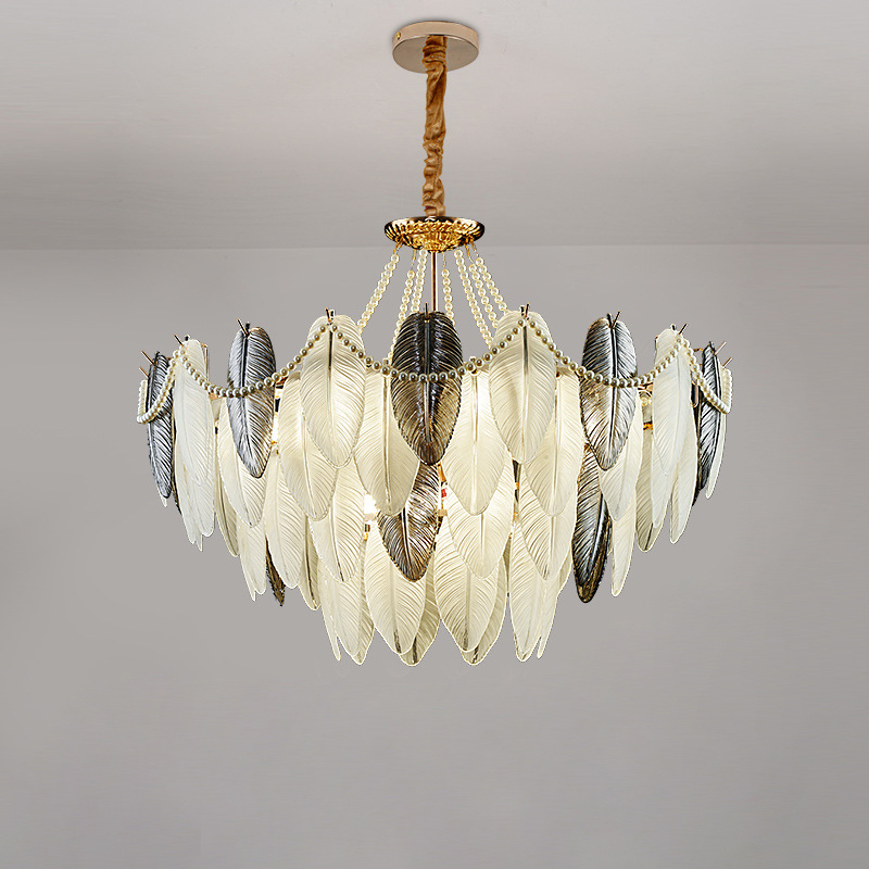 Luxury Crystal Modern Design Living Room Interior Lighting LED Round Feather Crystal Pendant Lamp Villa Apartment