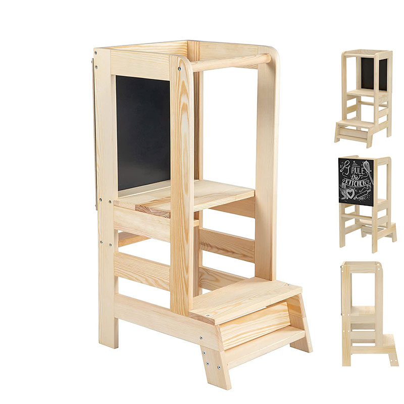 Natural Wood Kitchen Step Stool toddler Tower Transform Table & Chair Montessori Learning Tower Tower with Blackboard for kids