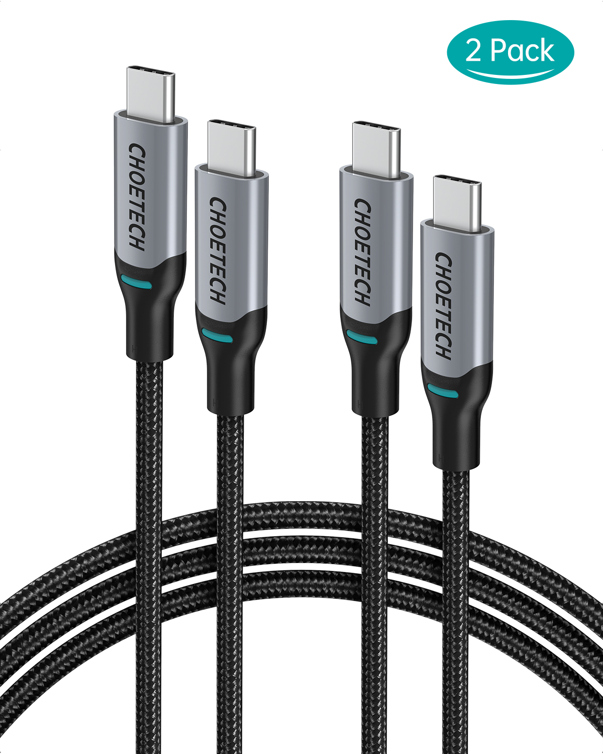 Кабель CHOETECH с USB C на USB C, 2 упаковки (100 Вт) 6 футов, плетеный кабель типа C
