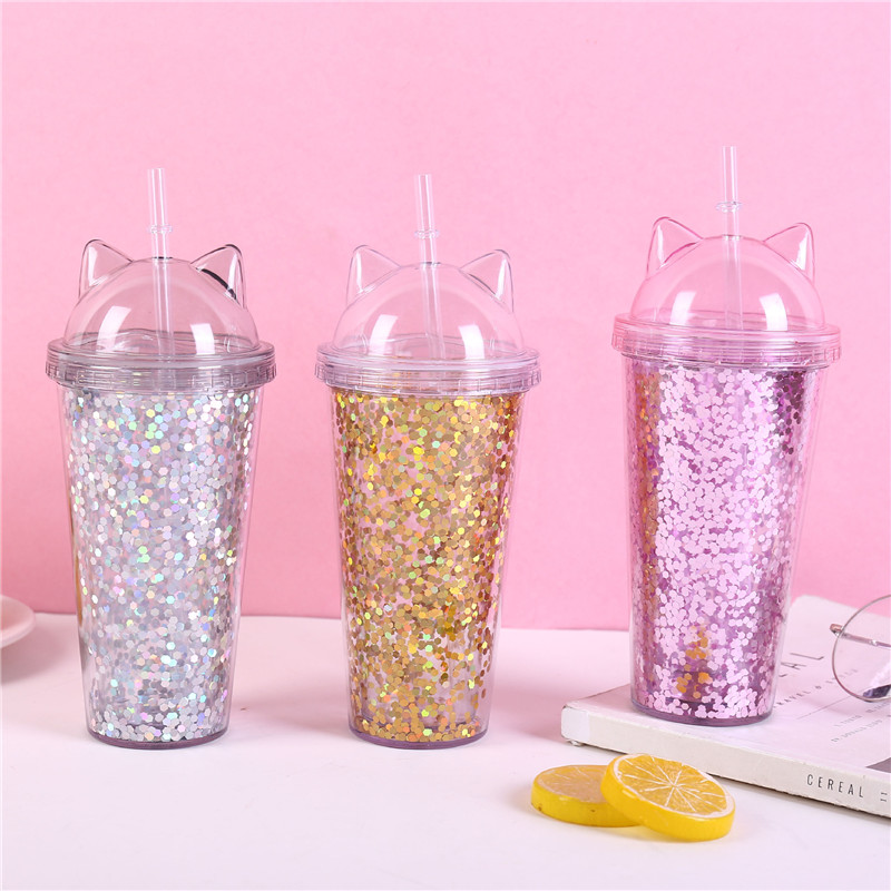 420ml INS Hot BPA Free Double Wall Acrylic Cat Ears Glitter Tumbler with straw For KId/Girls