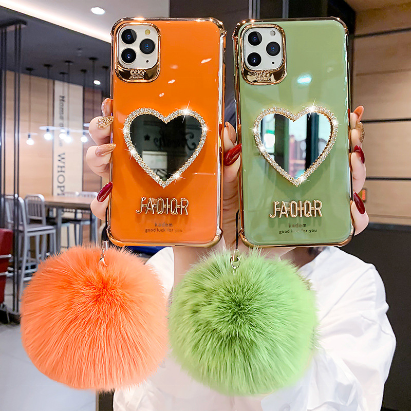 Diamond Heart-shaped Makeup Mirror TPU Luxury Cell Phone Cases For iPhone 12 13 11 Pro Max With Hairball