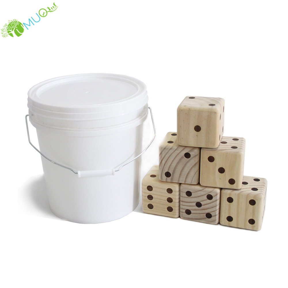 YumuQ 6 Pack 3.5" Giant Natural Wooden Yard Dice Set with Bucket, for Outdoor, Camping, Backyard Lawn Games