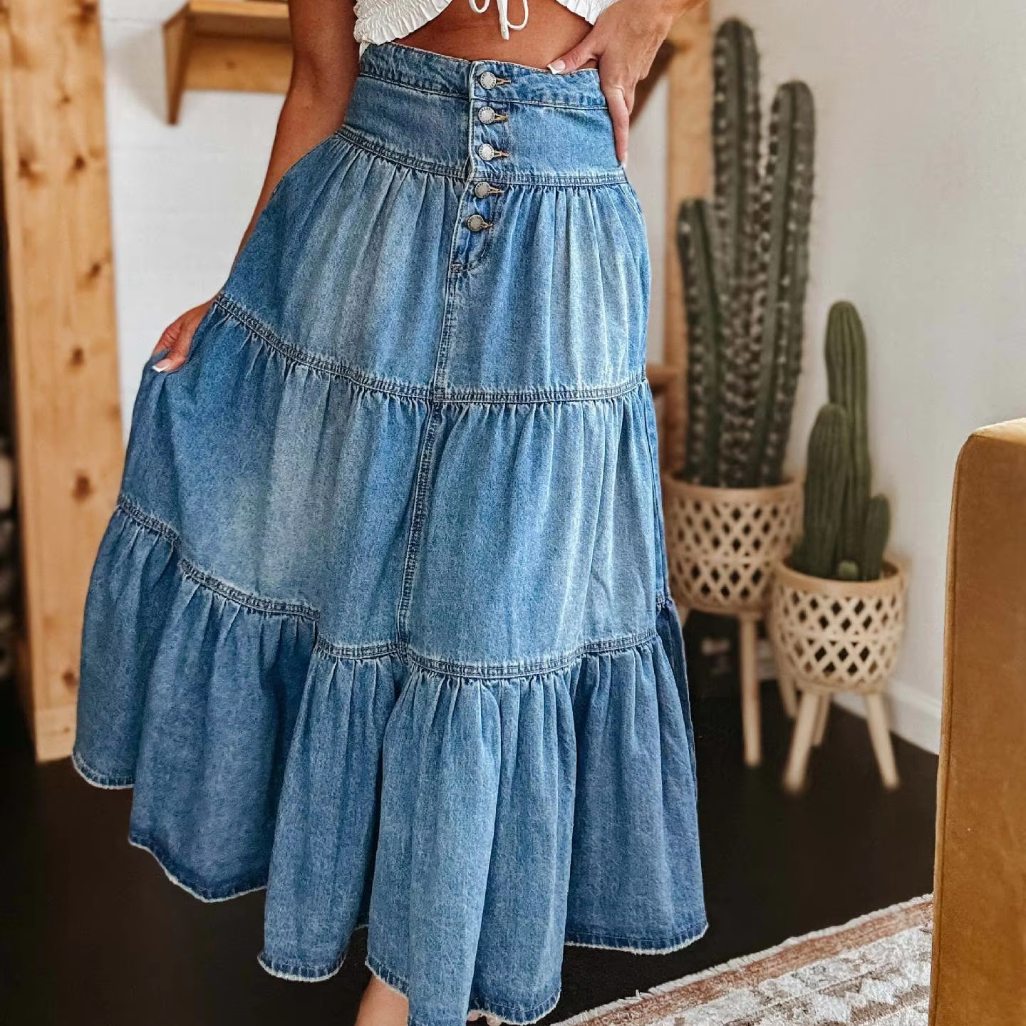 Bohemian Style 2025 Women's Denim Dresses Retro With Large Plate Shape Women Skirt Boho Jean Denim Maxi Dress With Pockets