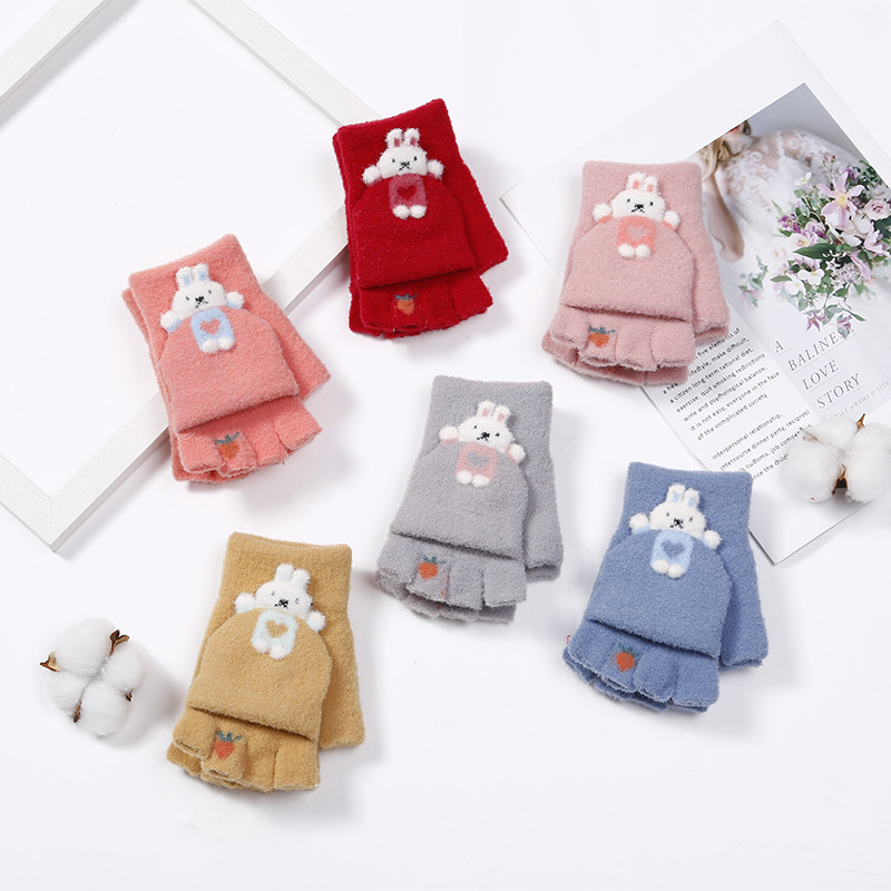 Fashion INS Style Cute Children Flip Half Finger Woolen Gloves Korean Japanese Girls Kids Sweet Rabbit Winter Warm Gloves