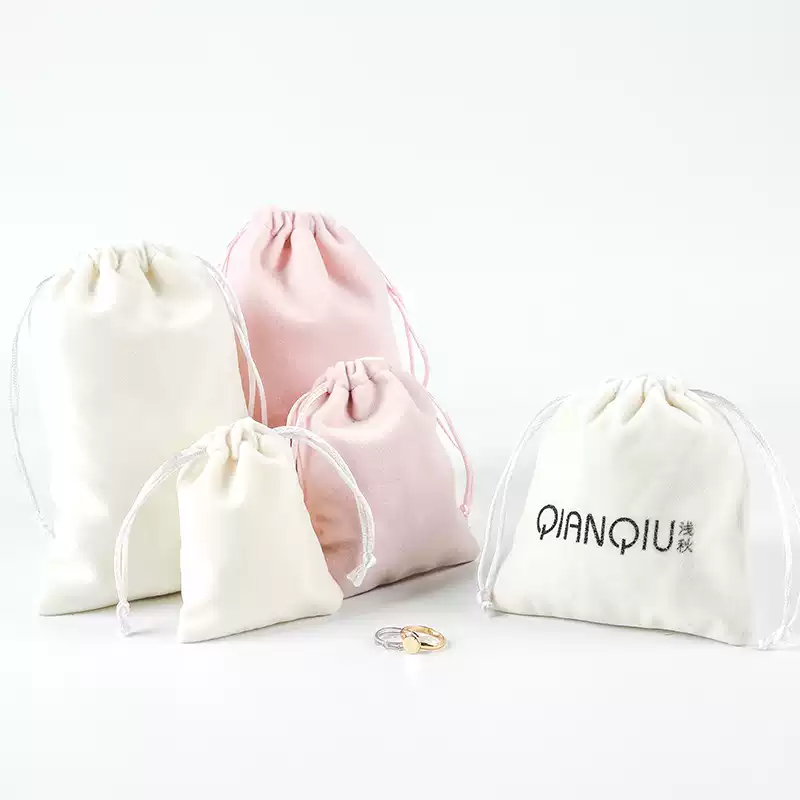 Custom Logo Printed Rose Gold Plush Velvet Drawstring Clothes Bag Luxury Storage Dust Pouch For Jewelry And Gift Packaging