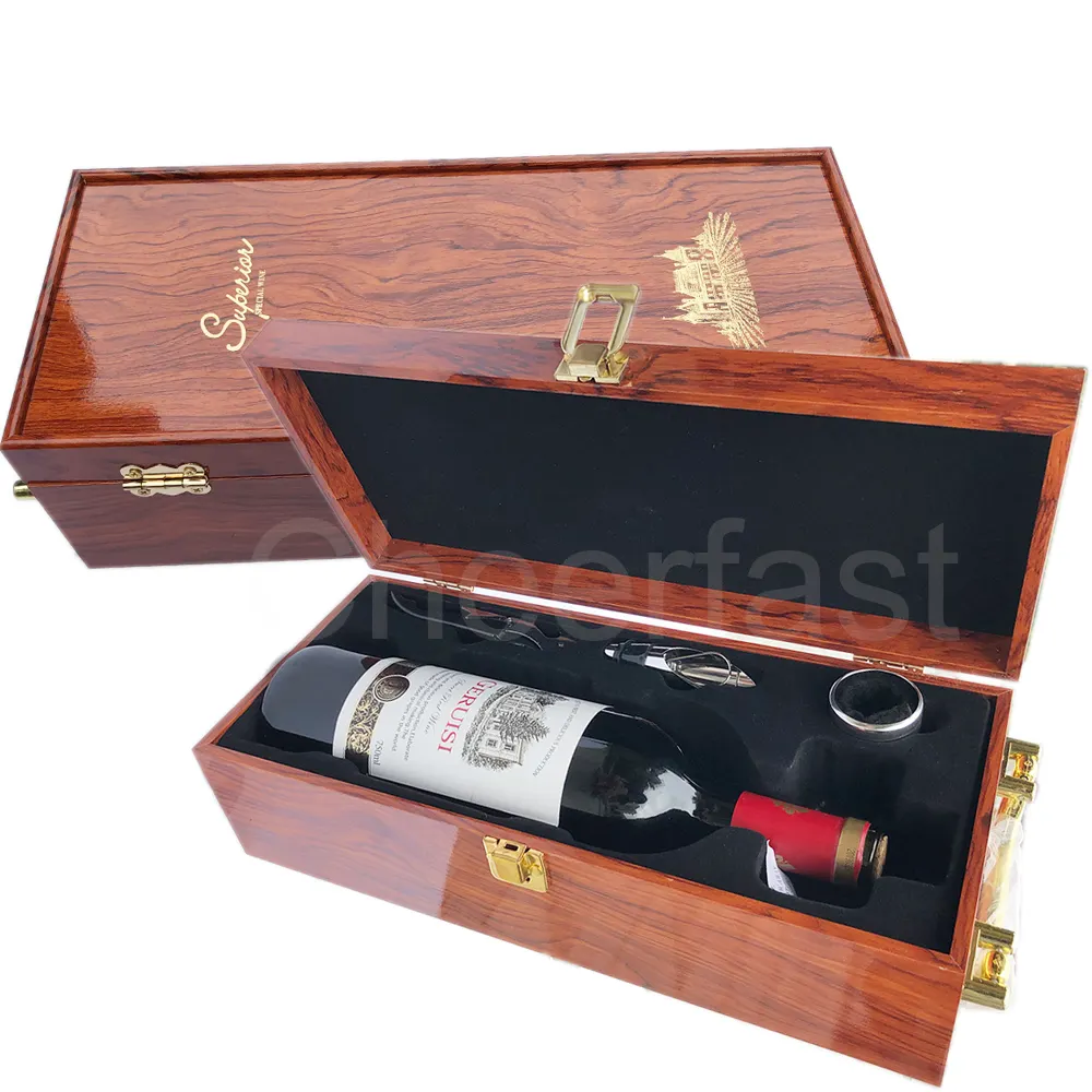 Custom 4Pcs Bar Accessories MDF Wooden Bottle Package Single Red Wine Box Portable Piano Lacquer Wooden Wine Bottle Gift Box