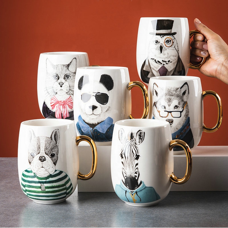 hot sale ceramic mugs with real gold handle and cartoon designs white ceramic mug with cartoon decal cup cute