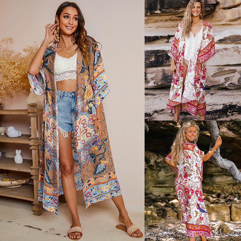 Wholesale sale printing women ice silk stretch loose short sleeved shawl sunscreen clothing